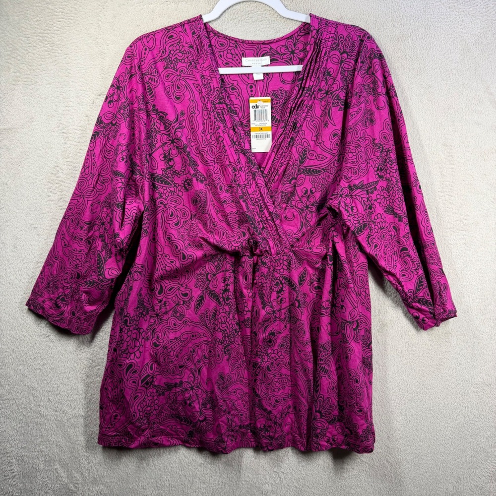Charter Club Top Women 3X Pink Paisley Surplice V-Neck 3/4 Sleeve 2855AZA154